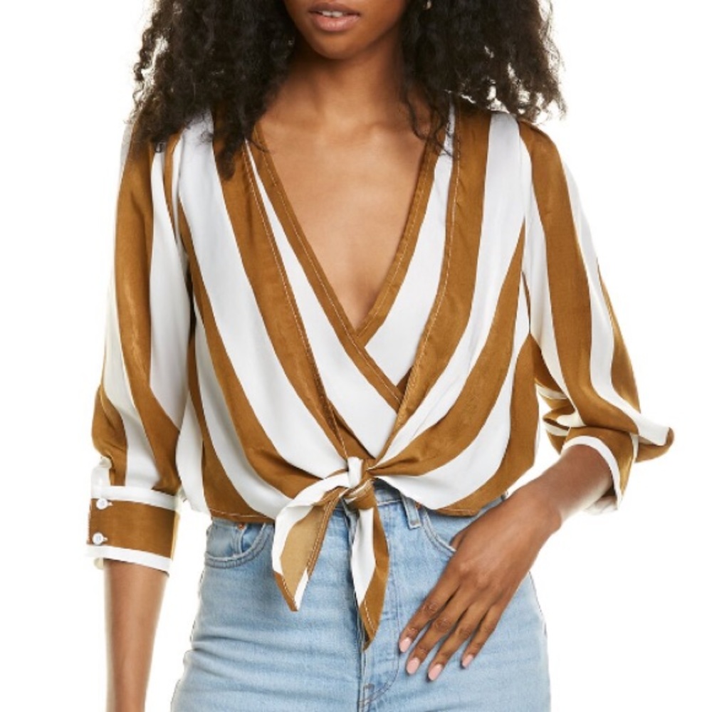 🍃💕NWT J.O.A. Faux Wrap Tie Waist Striped Blouse